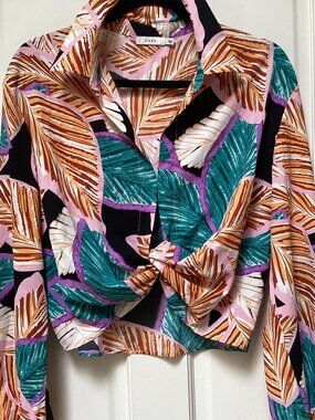 Pink Tropical Leaf Tie-Front Blouse